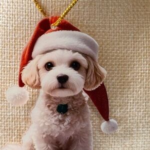 Festive Dog Ornament with Red Santa Hat